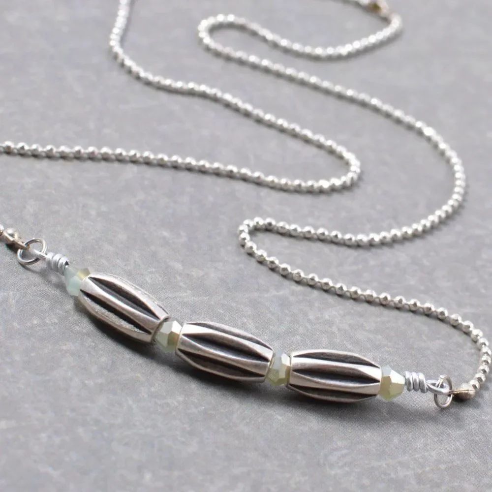 Silver Bar Necklace with Three Tubular Rice Beads